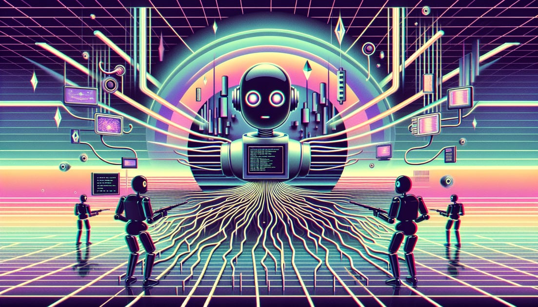 Illustration of Claude AI in a dark digital landscape, surrounded by shadowy hackers manipulating data streams into it.