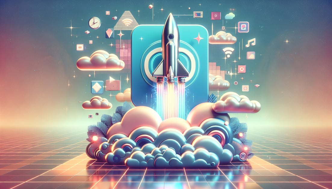Illustration of a rocket stylized as the Sora app icon soaring upwards through clouds against a digital backdrop, in OpenAI colors, symbolizing Sora's rapid App Store success.