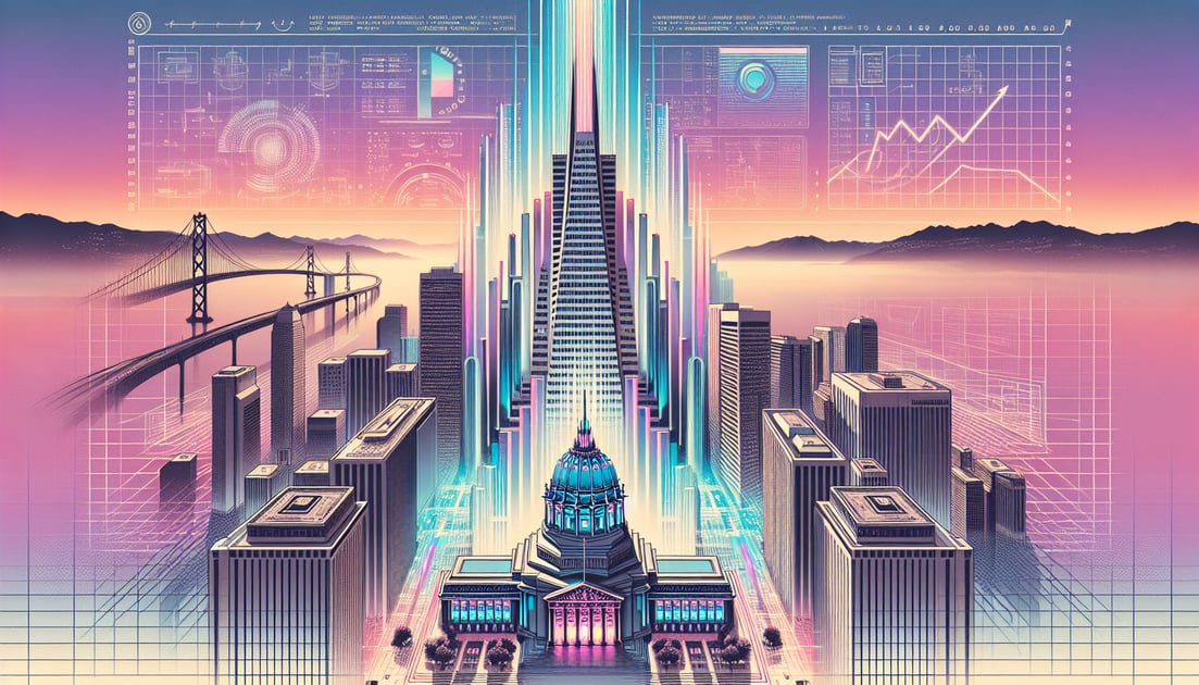 Illustration of a modern, expanding "Anthropic Headquarters" in San Francisco, featuring AI motifs and growth charts, amid a cityscape.