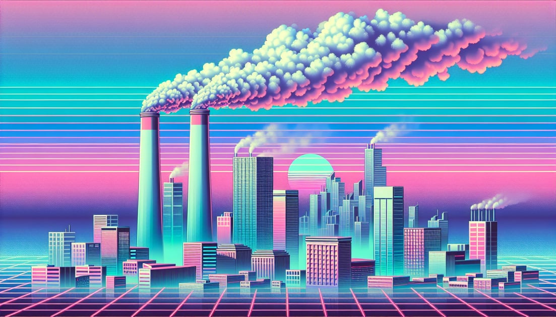 Dark polluted city skyline filled with smokestacks emitting toxic gases, raising environmental concerns over xAI's 35 unpermitted generators.