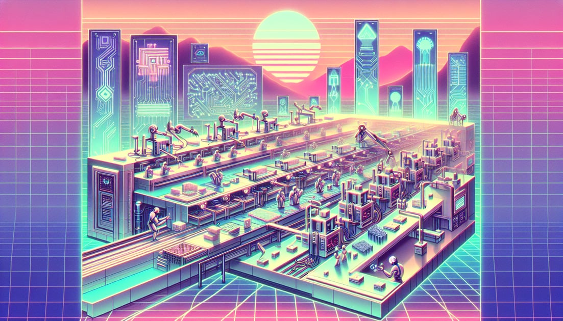 High-tech assembly line with robots manufacturing AI chips under a large Broadcom logo, featuring client-specific sections for Apple and xAI.
