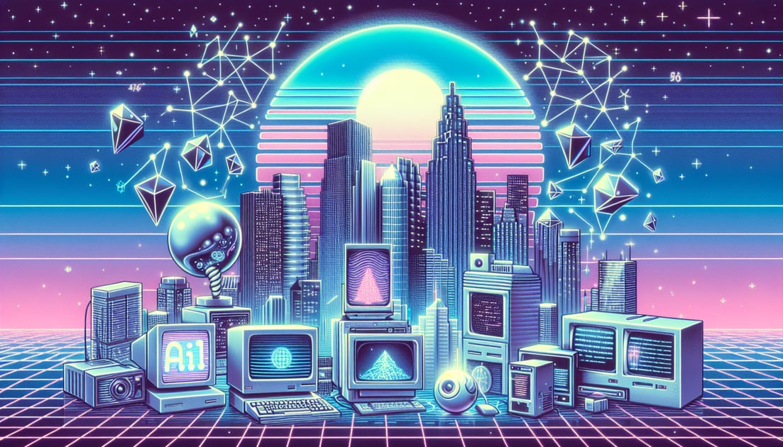 Illustration of a futuristic cityscape transitioning from 1990s dot-com imagery to advanced AI buildings, with a bubble symbolizing tech booms and bursts.