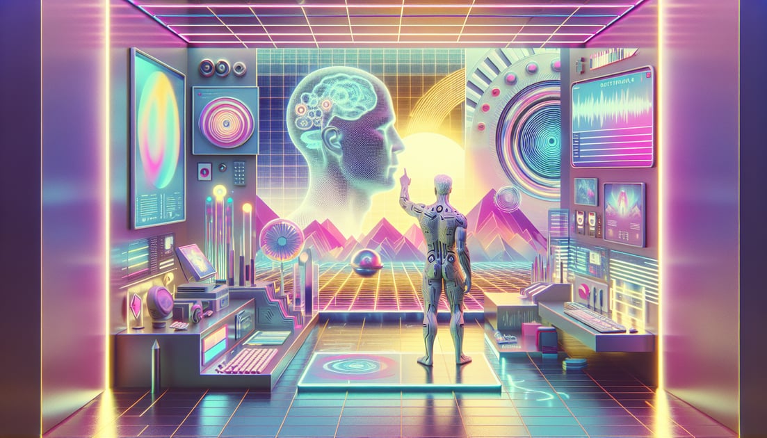Elon Musk interacts with a holographic display of "Grokipedia" in a futuristic setting filled with high-tech screens and gadgets.