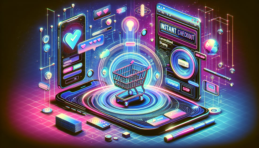 Digital illustration of a shopping cart merging with a ChatGPT interface, showcasing AI-powered instant checkout with icons like credit cards and a checkout button.