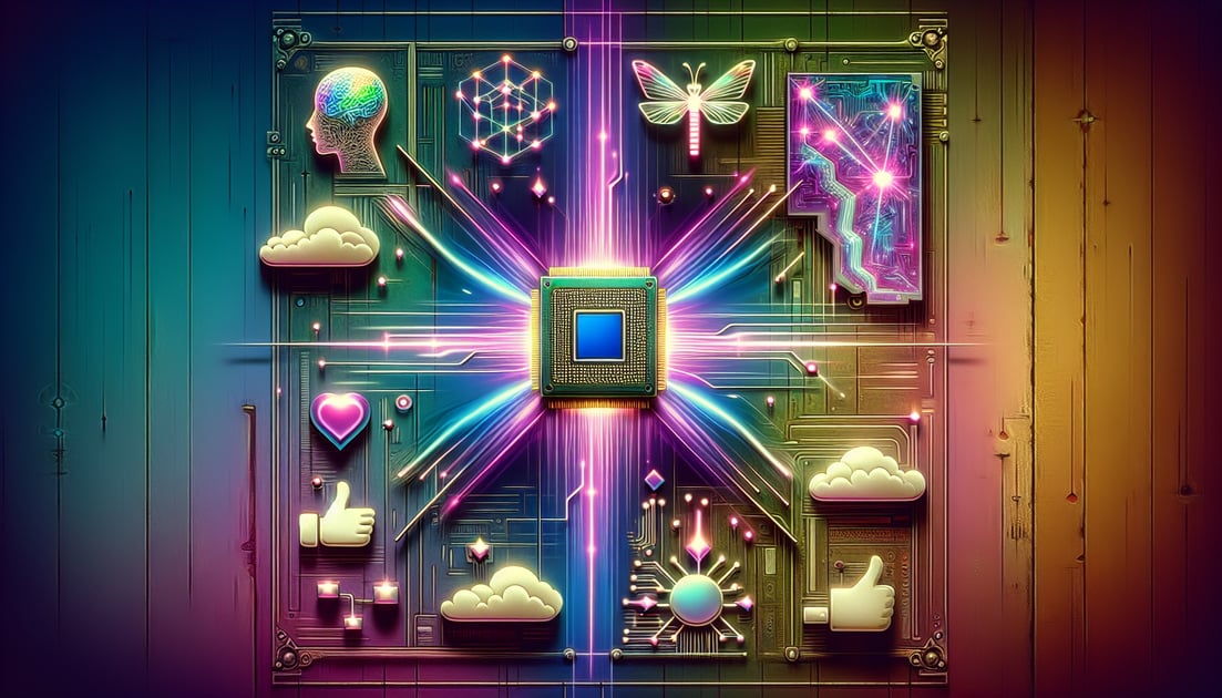 Illustration of a radiant GPU core linked to AI and innovation icons, encircled by approving analysts, symbolizing Nvidia's AI tech leadership.