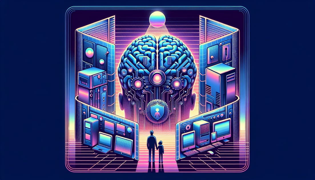 Digital-themed illustration featuring an abstract AI brain and protective barriers symbolizing parental controls, with a family silhouette emphasizing digital guidance.