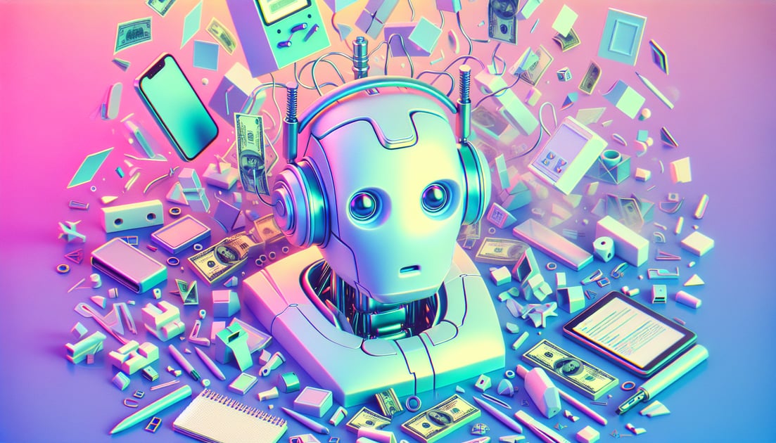 Confused robot AI amidst chaotic office scene with scattered papers and money flying.