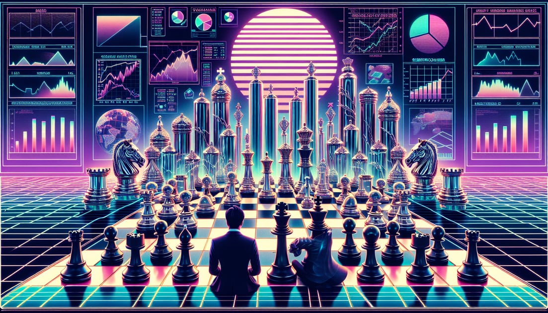 Alt Text: A chessboard representing the stock market with robust king pieces as leading semiconductor stocks and other pieces in defensive positions, indicating stocks being bet against, with a backdrop of technology themes and a strategic hedge fund manager analyzing the moves.