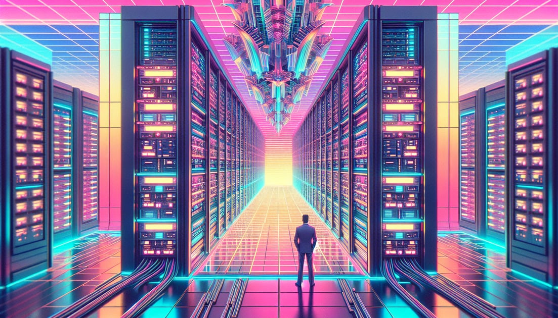 Futuristic "Colossus 2" data center filled with Nvidia chips and digital hologram of Elon Musk overseeing operations.