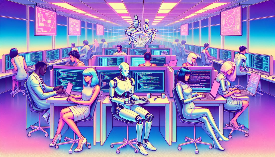 A vibrant and futuristic international coding contest scene with AI robots and humans competing; digital screens show scores and code.