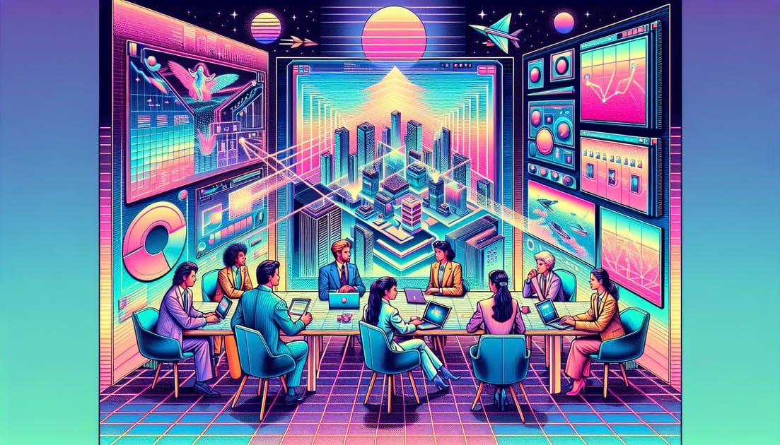 Diverse group of professionals collaborating around a digital display with ChatGPT projects in a high-tech office workspace.