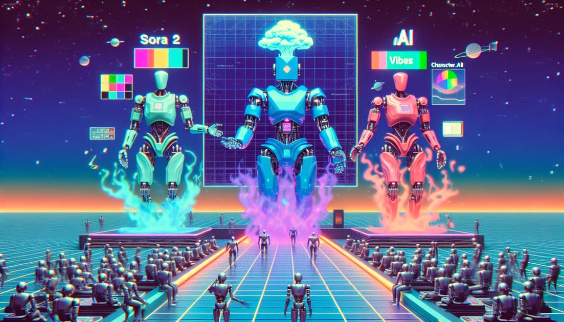 Illustration of AI social media giants as robots, OpenAI's Sora 2, Meta's Vibes, and Character.AI, battling in a high-tech arena with a crowd of smaller icons watching.