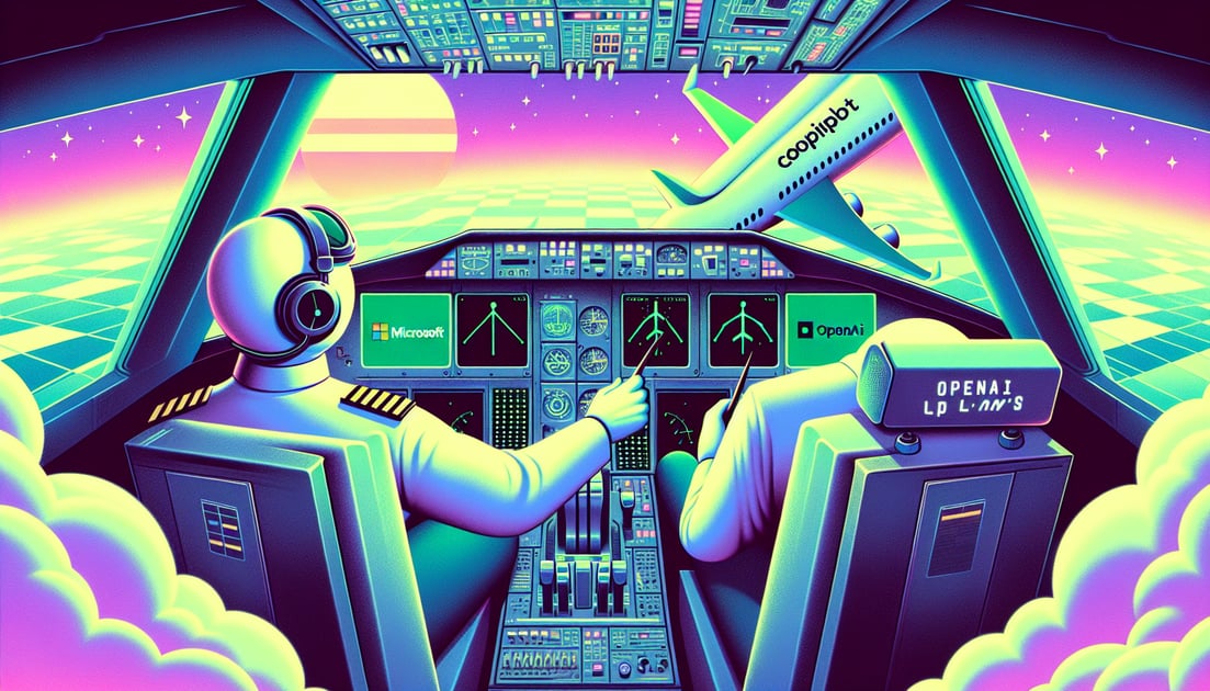 A pilot representing Microsoft's Copilot taking more control in a cockpit from a co-pilot labeled "OpenAI LLMs," symbolizing increased autonomy.