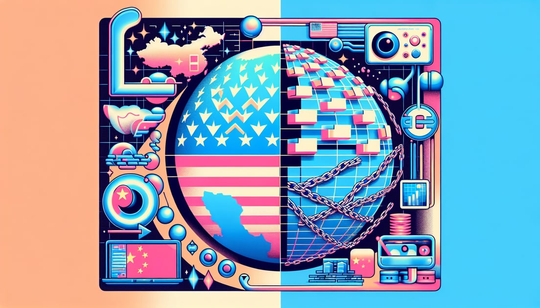 Illustration of a globe divided into two halves: one highlighting the U.S. with AI symbols, the other China entangled by chains, showcasing AI technology tensions.
