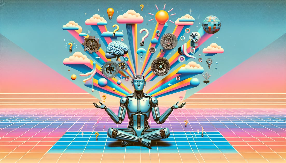 A robot with its head open, releasing abstract elements like gears and light bulbs, symbolizing AI hallucinations.
