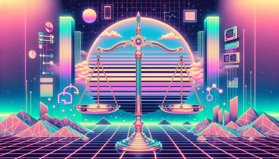 Illustration showing EU regulators balancing concerns between tokenized equity and Robinhood, with OpenAI logo in background.