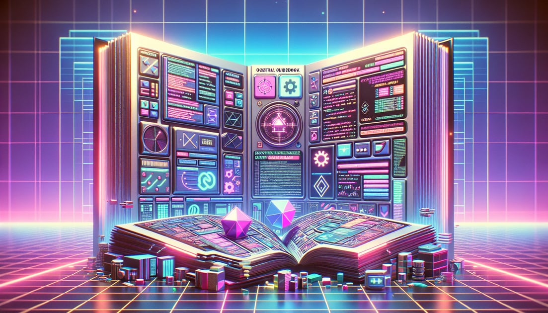 Illustration of a detailed guidebook on differentiable programming from Google DeepMind, featuring coding symbols and diagrams on the cover.