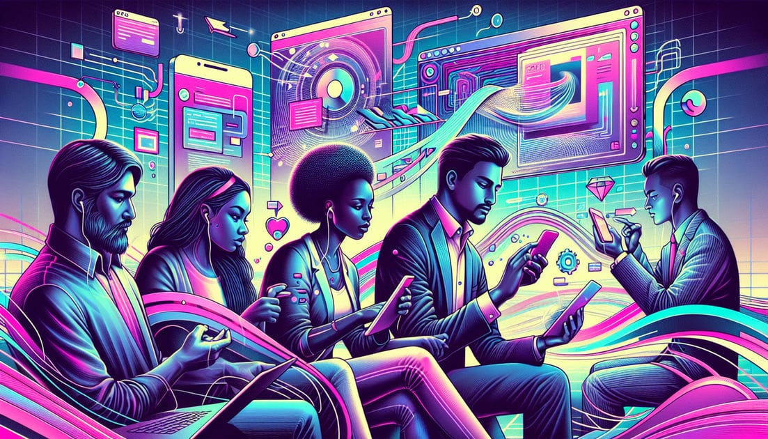 Diverse group using tech devices with Perplexity AI browser on screens, digital patterns and PayPal logo symbolizing innovation and connectivity.