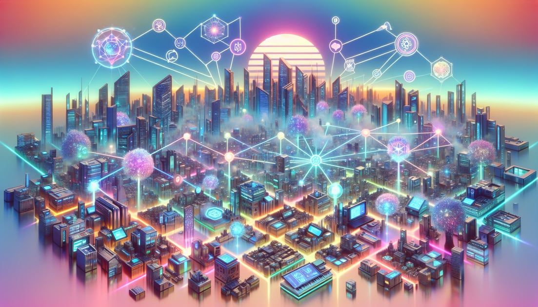 Illustration of a futuristic cityscape with startups linked by digital networks, highlighting AI's role in diverse sectors like healthcare and finance.
