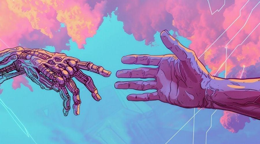 Digital hand shaking a human hand