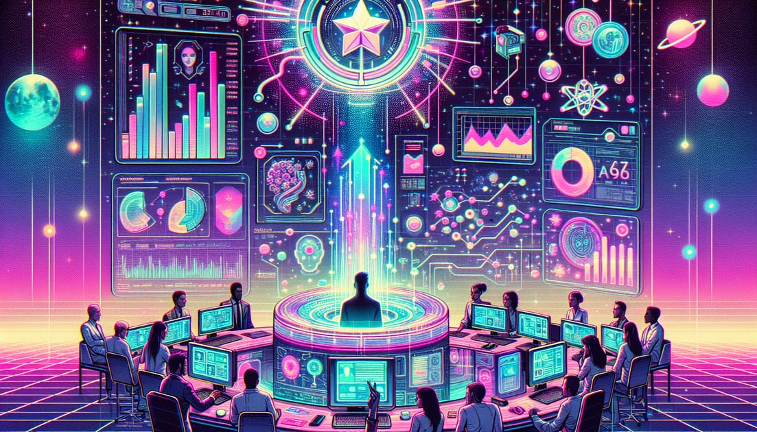 Futuristic lab with a glowing "Anthropic" logo, diverse team using a high-tech AI interface, and financial success symbols.