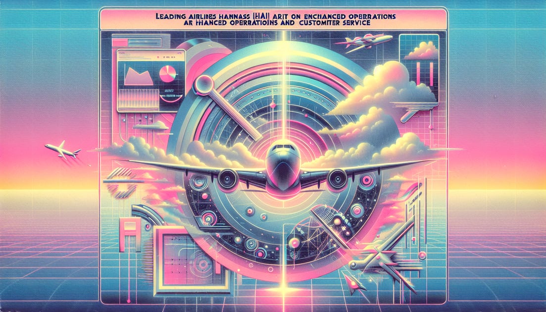 An illustration showing an airplane with AI technology symbols, representing how airlines are using AI for improved operations and customer service.