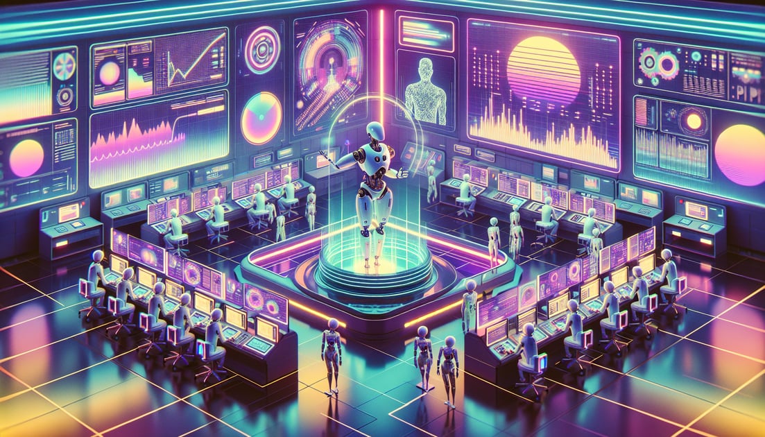 Futuristic lab with robots studying a complex AI network, highlighted by screens showing data, emphasizing advanced AI safety research.