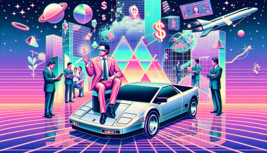Elon Musk holds Tesla, surrounded by dollar signs and AI symbols, as worried shareholders look on.