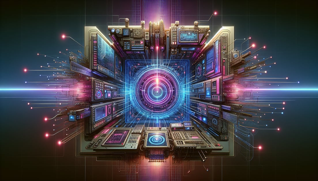 Futuristic tech dashboard with gauges and digital displays for AI power management, flanked by processors and circuits, incorporating Microsoft, OpenAI, and NVIDIA logos.