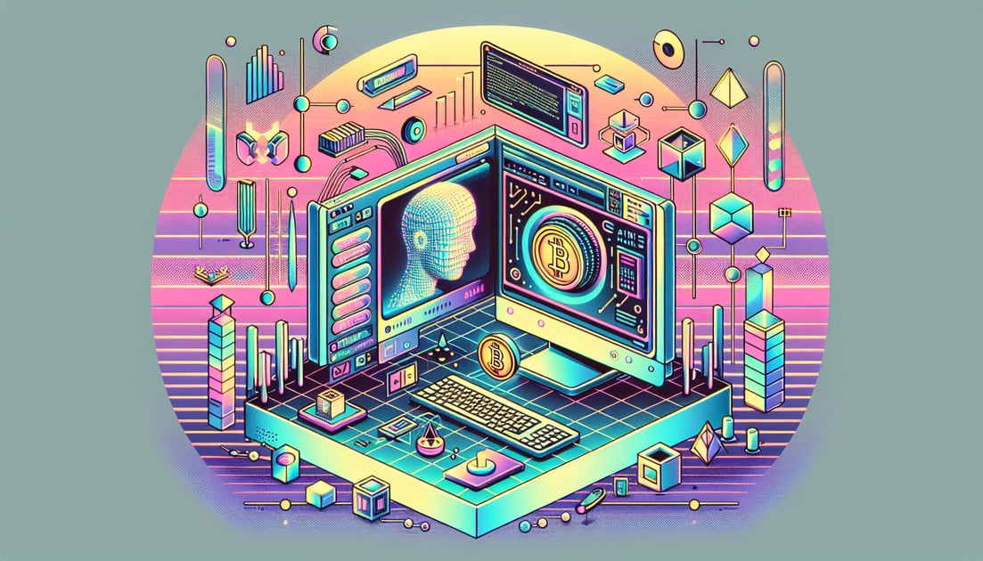 Visualization of a chat conversation with ChatGPT, Google logo, Perplexity AI symbols, and a coin for a cryptocurrency presale.