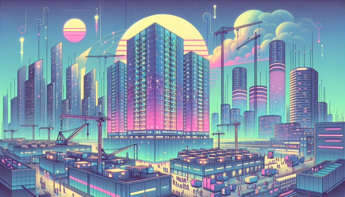 Futuristic cityscape with large, high-tech data centers connected by glowing circuits, featuring Nvidia and OpenAI logos, under construction to symbolize expansion.
