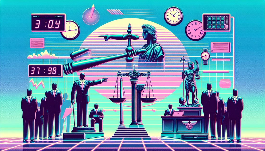 Illustration depicts a courtroom with a Trump-like figure directing an attorney general amidst clocks and shadowy figures, conveying urgent legal conflict.