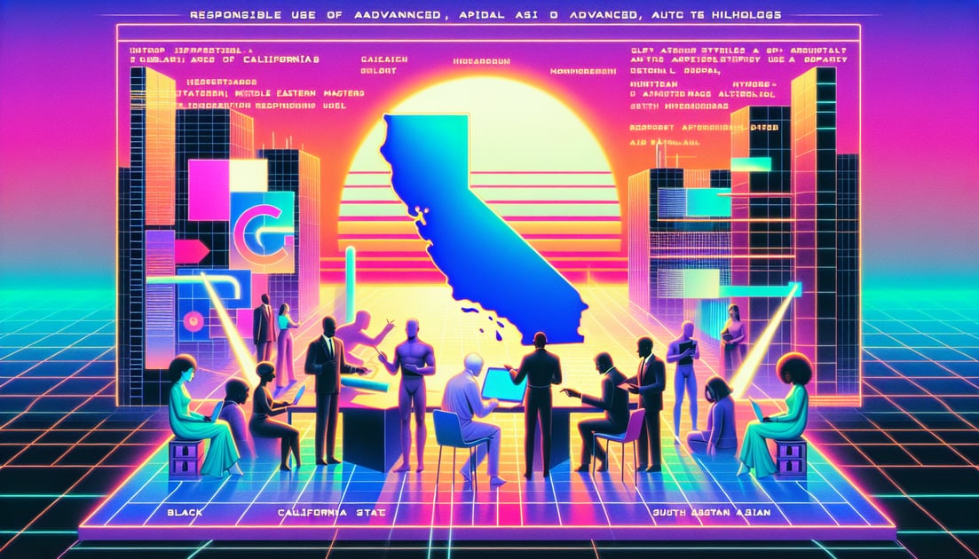 Illustration of tech leaders and officials in California collaborating on "SB 53" with AI tech in background, reflecting positive tech-legislative synergy.