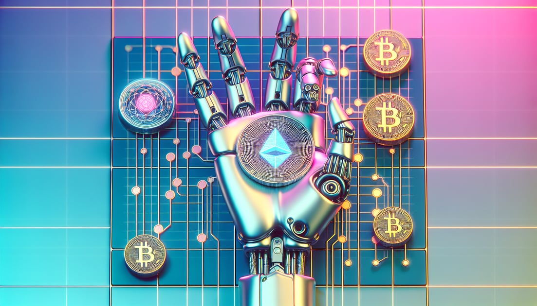 Futuristic robotic hand holds OpenAI and Robinhood tokens in digital grid backdrop.