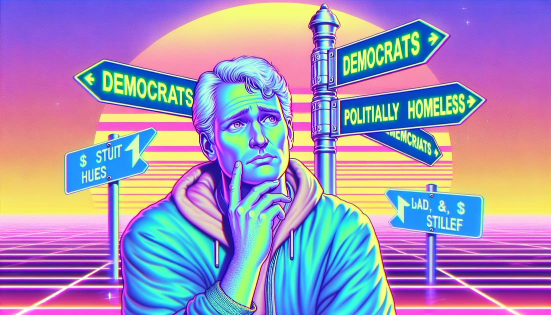 Sam Altman facing a dilemma at a crossroads, torn between "Democrats" and "Politically Homeless" signs, looking confused.