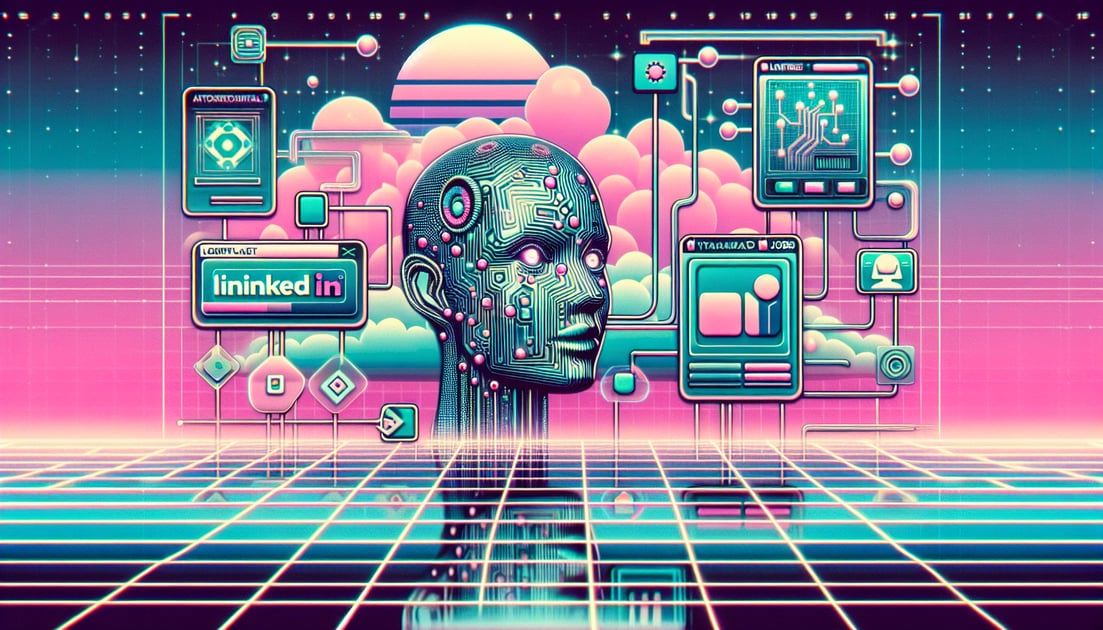 Futuristic AI networks merge with LinkedIn-style platform, symbolizing OpenAI's entry into professional networking with technological motifs like circuits.