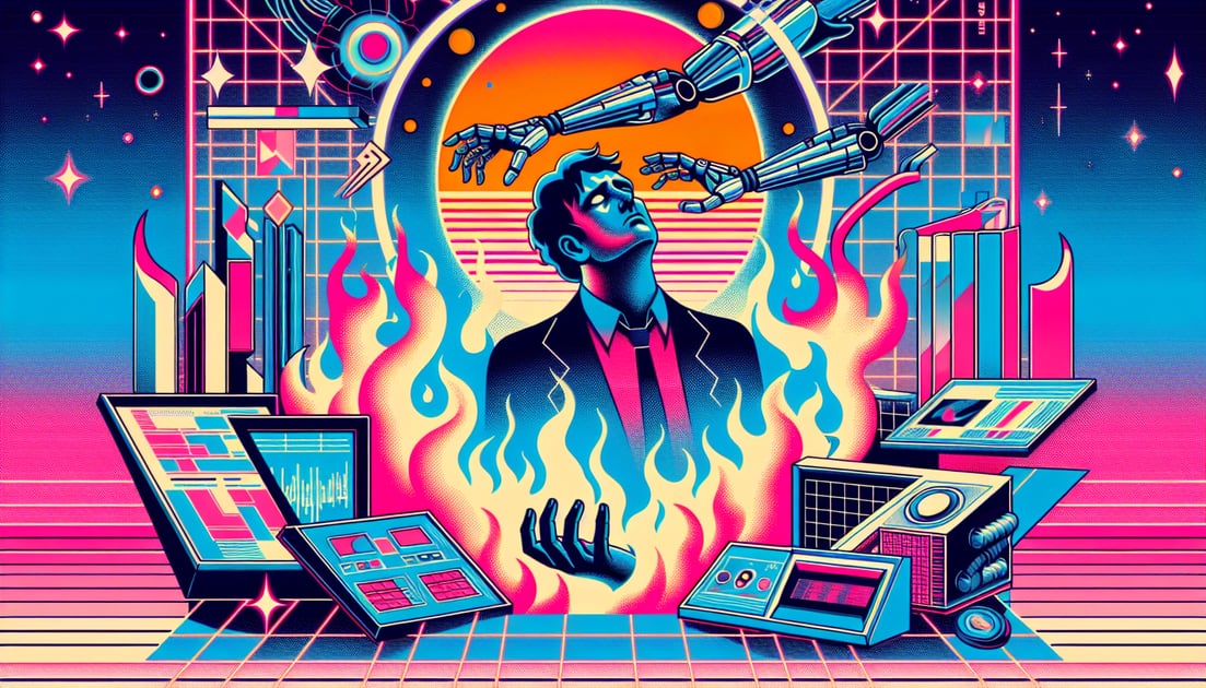 Exhausted Elon Musk amidst burning money, with a robotic arm seeking more cash.
