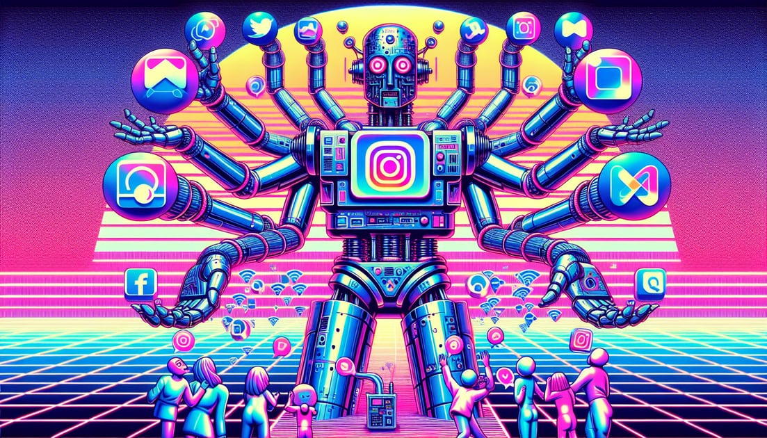 Large AI robot with Meta logo clumsily handling Instagram icons, causing shock among diverse users around it.