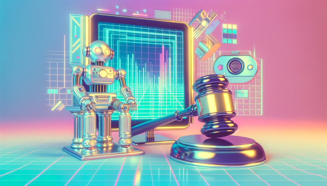 Legal approval granted for AI training using copyrighted content - judge gavel by futuristic computer screen.
