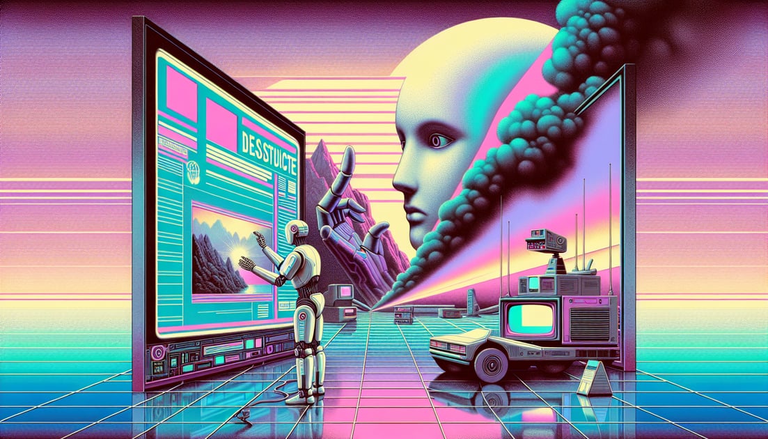 Futuristic robot cleaning image of Jony Ive as news headline, with shadowy figure symbolizing trademark dispute in background.