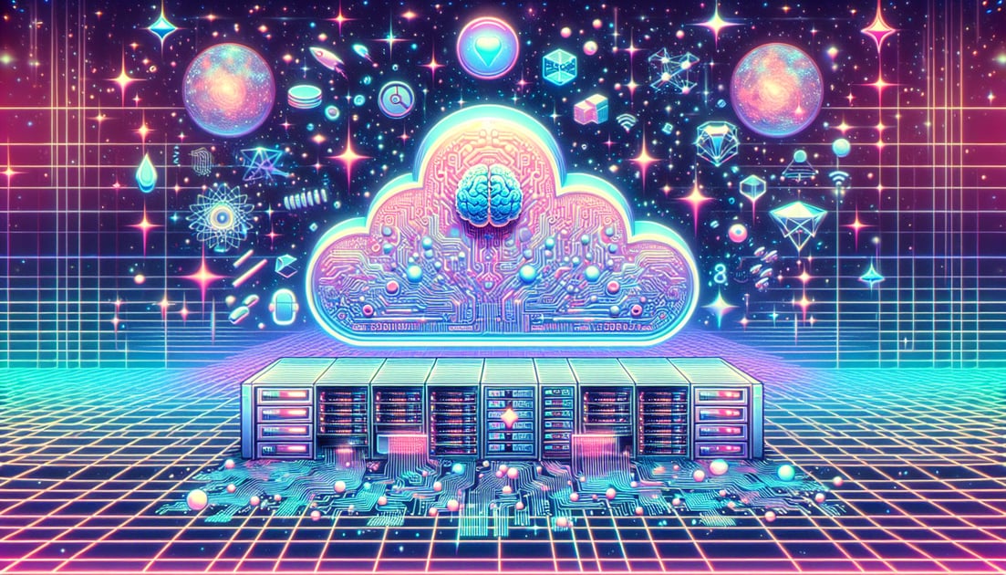 An illustration of a cloud server with OpenAI and Google logos, surrounded by symbols of technology and data, with a network of connected devices in the background.