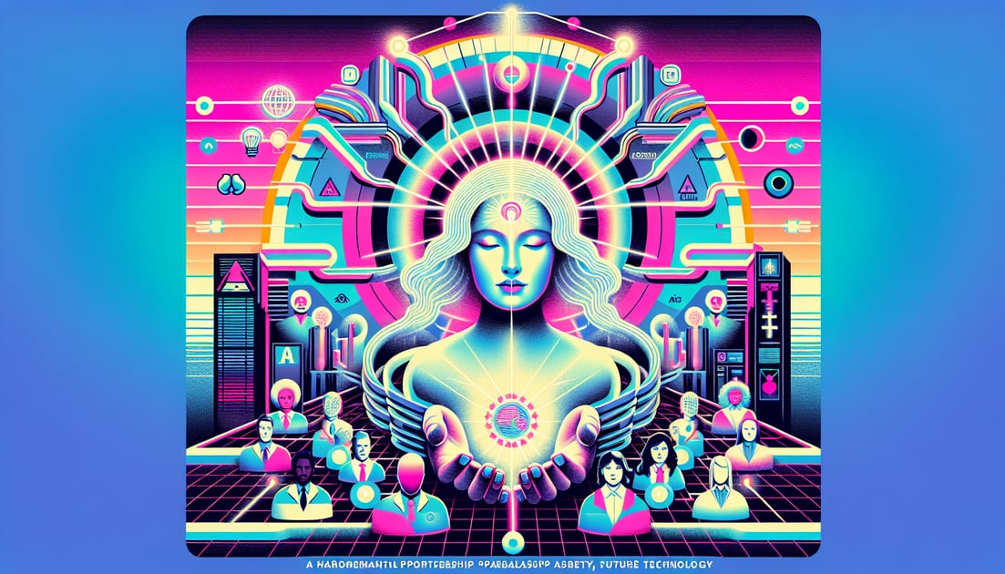 Illustration of a luminous, forward-moving OpenAI entity supported by the Microsoft logo, surrounded by diverse people benefiting from AI, depicting progress and community.